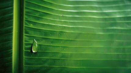 Poster - Green background with water droplet on banana leaf