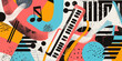 © Concept Island - Pop, rock or jazz music background banner or poster illustration. Art abstract design. Retro concept art style in red, blue, black and orange colors