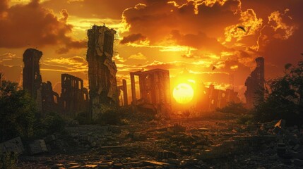 Poster - Aerial view of city ruins at sunset with crumbling buildings and debris