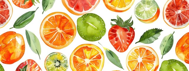 Poster - Various citrus fruits watercolor drawing. Selective focus.