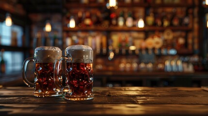 Poster - Two full beer mugs sit on a wooden bar counter, with a blurred background of a pub's bar and shelves. Generative AI