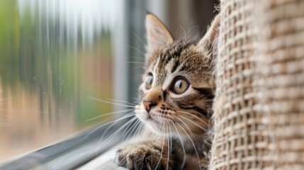 Image of a curious tabby kitten intently peering outside the window, capturing a moment of wonder and curiosity, symbolic of the inquisitive nature of youth and pets.