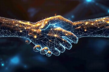 blockchain handshake concept digital representation of two hands formed by glowing network connections futuristic visualization of cryptocurrency and financial technology on dark background