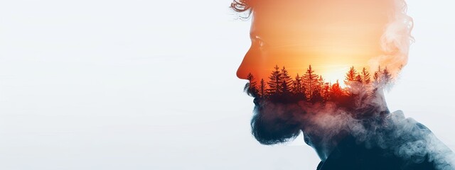 Wall Mural -  A man with long hair and beard stands before a forest backdrop, the sun illuminating behind Smoke emanates from his face