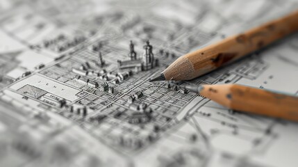 city plan drawing shallow depth of field, bokeh