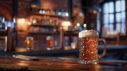 Aufkleber - A close-up shot of a beer mug with a thick layer of foam, placed on a wooden bar counter in a dimly lit pub. Generative AI