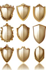 Poster - A collection of shiny golden shields reflecting off a clean white surface