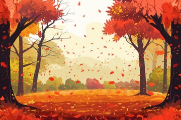 Poster - A vibrant image of an autumn forest with trees shedding their leaves in the season's characteristic warm colors