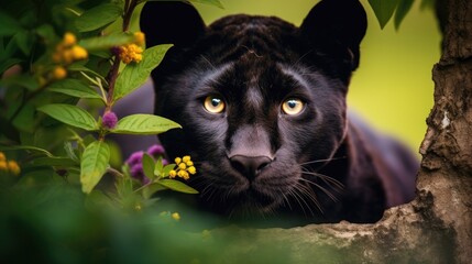 Poster - A black panther peeks out from behind the tree trunk