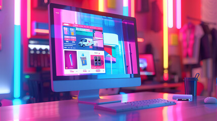3D render of a desktop computer with an online shopping site open, featuring a vibrant, futuristic background 