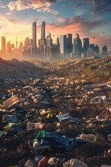Poster - A pile of trash surrounded by urban landscape, suitable for illustrations about pollution or waste management