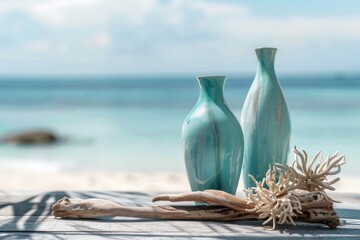 Poster - A pair of decorative vases sit atop a wooden table, perfect for a rustic home decor or event display
