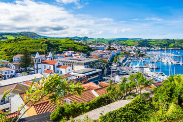 Wall Mural - View of Horta town with port in beautiful bay, Faial island, Azores, Portugal