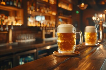 Aufkleber - A pair of full beer glasses sit on a wooden bar counter, with a blurred background of a pub interior. Generative AI