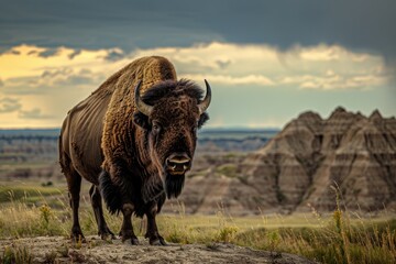 Poster - Large bison standing in a dirt field, great for wildlife or nature themed projects