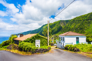 Wall Mural - Traditional houses in green tropical landscape of Faja village, Faial island, Azores, Portugal