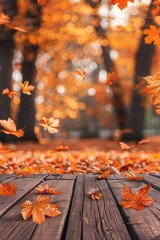 Wall Mural - A wooden table covered in autumn leaves