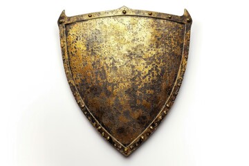 Poster - A metal shield with rivets adorns a white wall, great for use in industrial or military-themed designs
