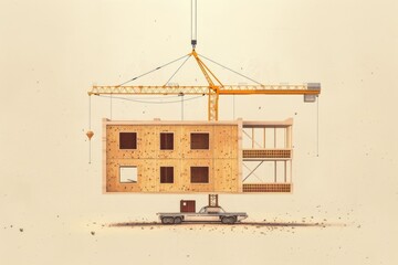 Poster - A construction crane lifts a house off the ground, likely for renovation or relocation