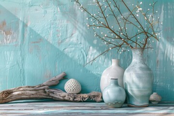 Poster - Decorative vases on a wooden table, perfect for interior decoration or still life photography