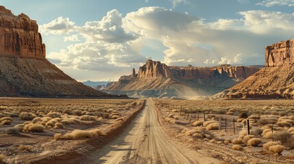 Aufkleber - A long dirt road stretches across the desert landscape