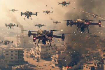 Poster - Aerial view of city with multiple planes flying overhead, suitable for urban and transportation-themed projects