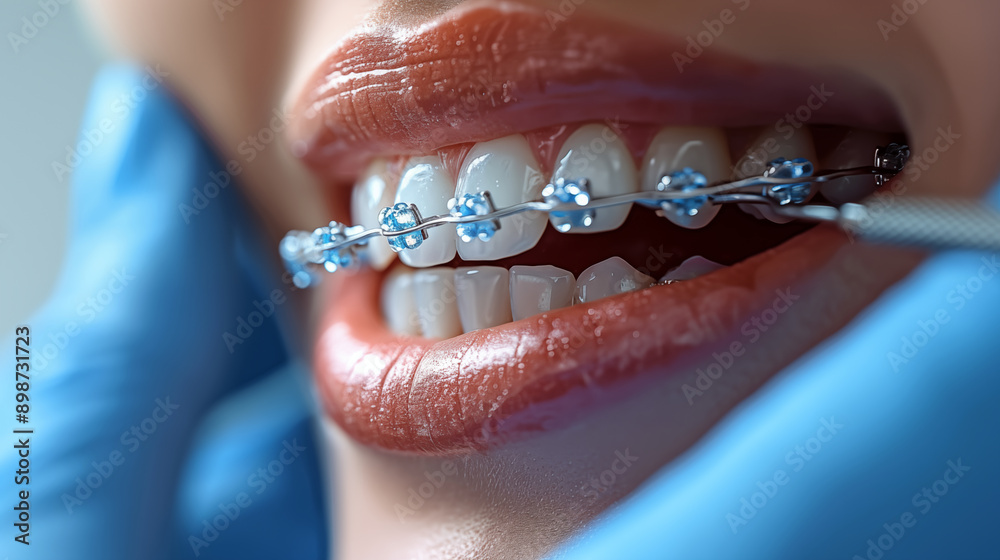 Dental braces on teeth during orthodontic treatment, close-up view ...