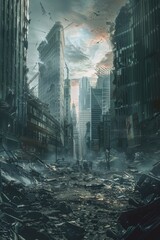 Poster - Abandoned city streets littered with debris after natural disaster or war