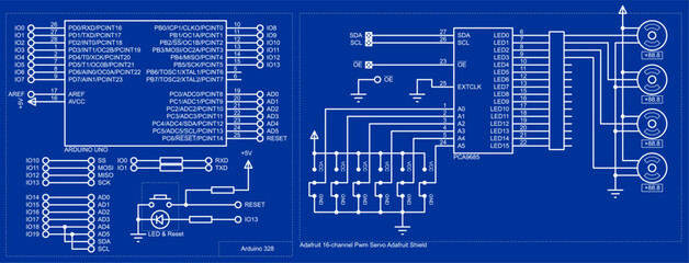 Vector schematic diagram of electronic device on arduino with
motors on sheet of paper. Drawing electrical circuit with
integrated circuit, resistor, microcontroller, led indicator,
other components.