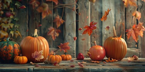 Wall Mural - Group of pumpkins arranged on a wooden table, ideal for autumn and harvest-themed images