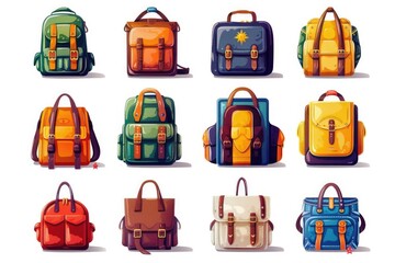 Poster - A collection of colorful backpacks arranged neatly on a white surface, great for travel or adventure illustrations