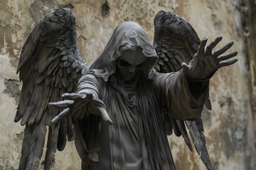 Poster - A detailed sculpture of an angel with wide-open wings, suitable for use in various contexts such as art, architecture, or symbolism