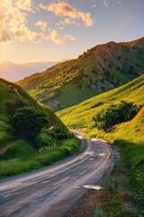 Canvas Print - Dirt road winding through a lush green valley, suitable for rural landscape or nature photography