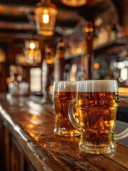 Aufkleber - Two full glasses of beer sit on a wooden bar countertop in a dimly lit pub. Generative AI