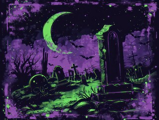 creepiest haunted graveyard under a crescent moon with halloween classic horror on black background