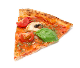 Wall Mural - Piece of tasty pizza with basil, mushroom and tomato isolated on white