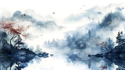 Wall Mural - A traditional Chinese landscape on a white background, a Chinese painting, and a Chinese art form