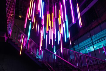 Poster - Neon lights of various colors hang from the ceiling, creating a mesmerizing display over a metal staircase in a modern building