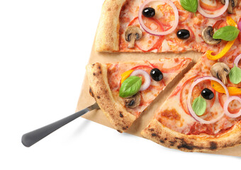 Wall Mural - Cut delicious vegetarian pizza isolated on white, top view