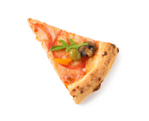 Wall Mural - Slice of delicious vegetarian pizza isolated on white, top view