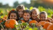 © acnaleksy - A group of happy children playing in a pumpkin patch during autumn, surrounded by pumpkins