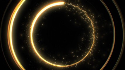 Wall Mural - Golden Rings Background Seamless. Gold Strokes and Particles Flying Around Looped 3d Animation. Light Trails Forming Circles on Black Backdrop. Glowing Fire Streaks Moving Fast 4k UHD 3840x2160.