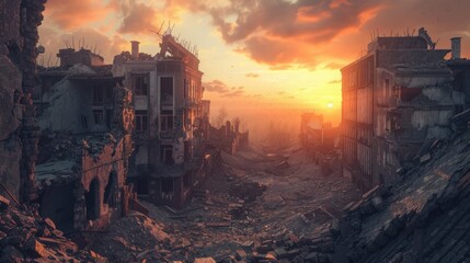 Poster - Abandoned urban landscape with buildings in disrepair at sunset