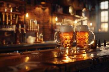 Aufkleber - Two full beer mugs with foam sit on a bar counter in a dimly lit pub. Generative AI