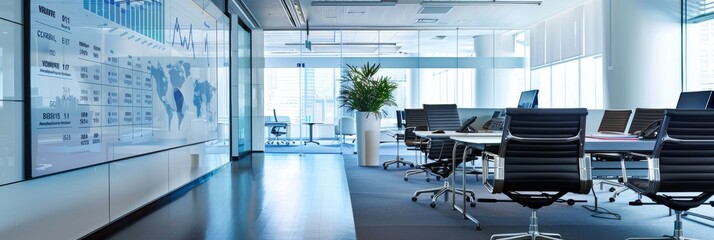 Poster - modern office with financial charts, whiteboard, large windows, sleek furniture, and bright atmosphe