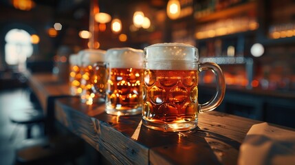 Aufkleber - Four full beer mugs sit on a wooden counter in a dimly lit pub, with a blurred background of bar shelves and lights. Generative AI