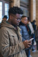 Poster - A person examining their mobile device while wearing glasses