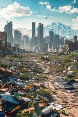 Poster - Urban scene showing a city street filled with garbage and debris