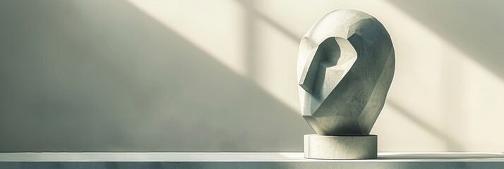 Poster - a sleek, contemporary sculpture with clean lines is displayed on a pedestal in a minimalist gallery 