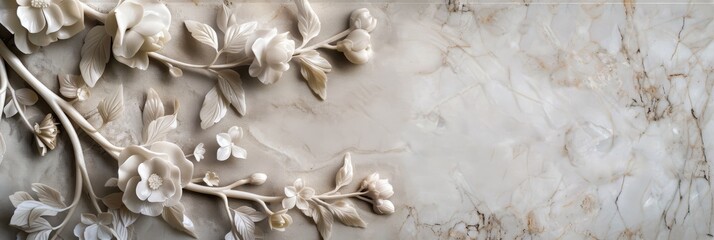 Poster - A close-up of a decorative marble panel featuring delicate white floral carvings, creating a sophisticated and elegant design